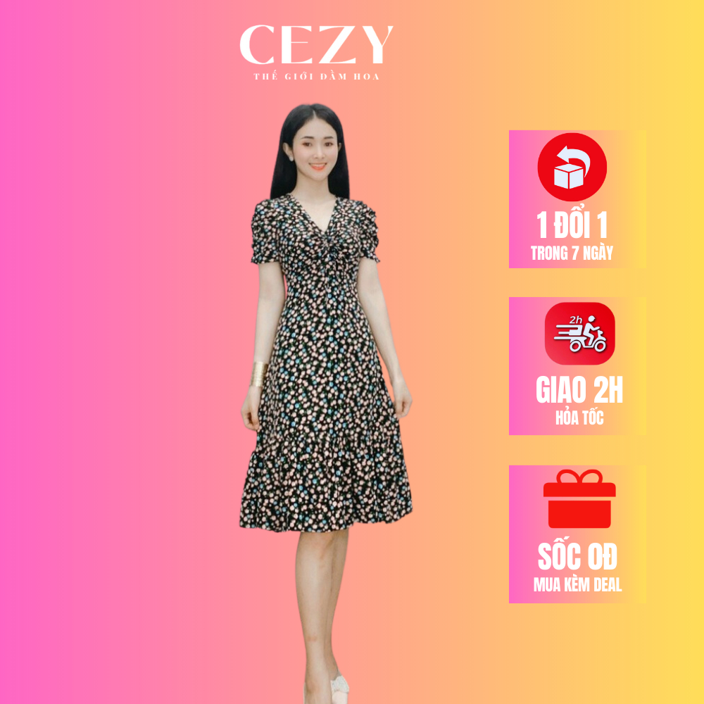 Đầm hoa nhí cổ v tay phồng đuôi cá có size bigsize CEZY D84
