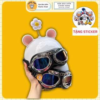 Nón Bảo Hiểm Nửa Đầu Kính Phi Công Kèm Phụ Kiện Tai Chuột Mickey Và Bông Hoa, Mũ Bảo Hiểm 1/2 Đầu Kính Phi Công CUTE
