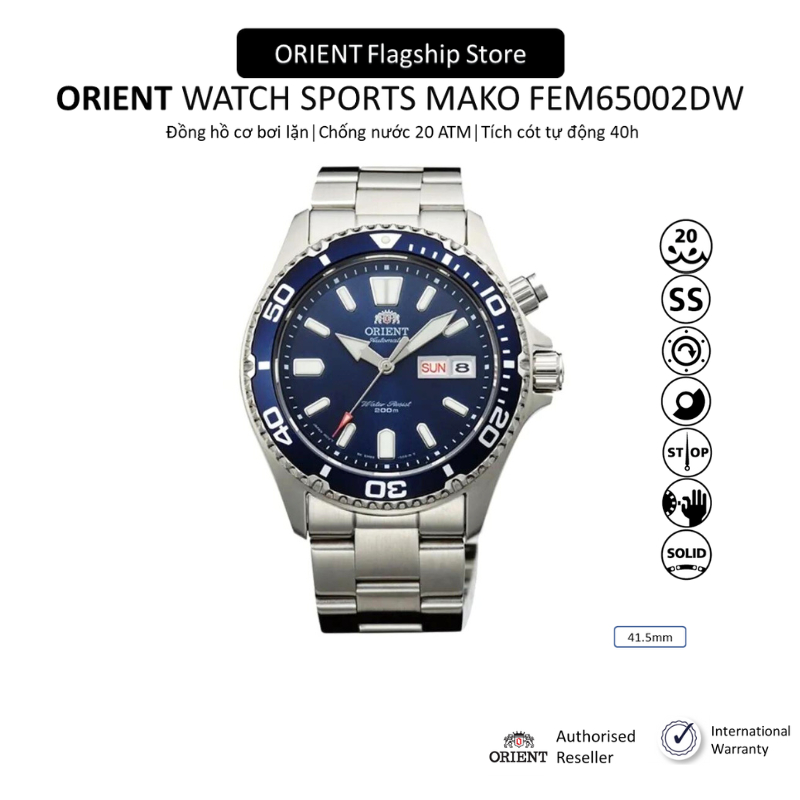 Đồng hồ cơ nam Orient Watch Sport Mako FEM65002DW kiểu dáng thể thao bơi lặn chống nước, dây thép đe