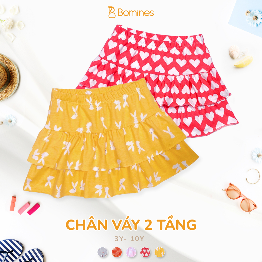 Váy bé gái BOMINES, Chân váy 2 tầng có kèm chip đùi họa tiết xinh xắn đủ size cho bé từ 12- 30kg CV2TANG