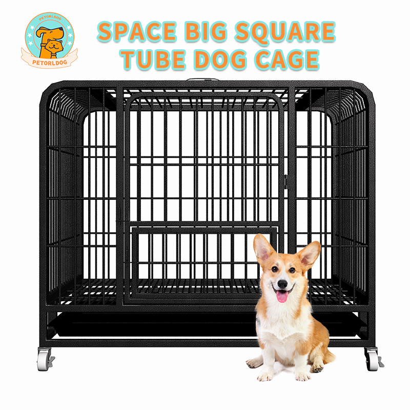 Chó lồng kim loại màu đen đậm 110 * 72 * 95CM với khay giếng trời 4 bánh Pet Bank Villa Hàng rào không gian miễn phí lớn