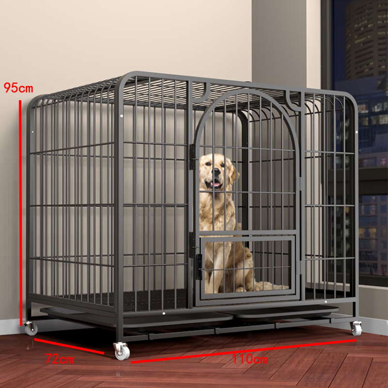 Chó lồng kim loại màu đen đậm 110 * 72 * 95CM với khay giếng trời 4 bánh Pet Bank Villa Hàng rào không gian miễn phí lớn