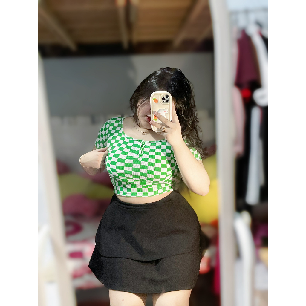 Áo caro cúc bấm cổ vuông nữ bigsize