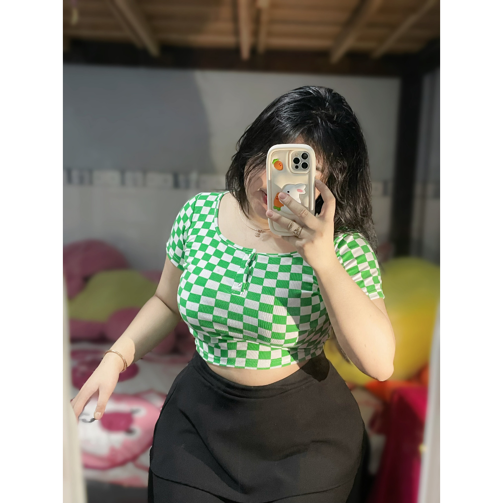 Áo caro cúc bấm cổ vuông nữ bigsize