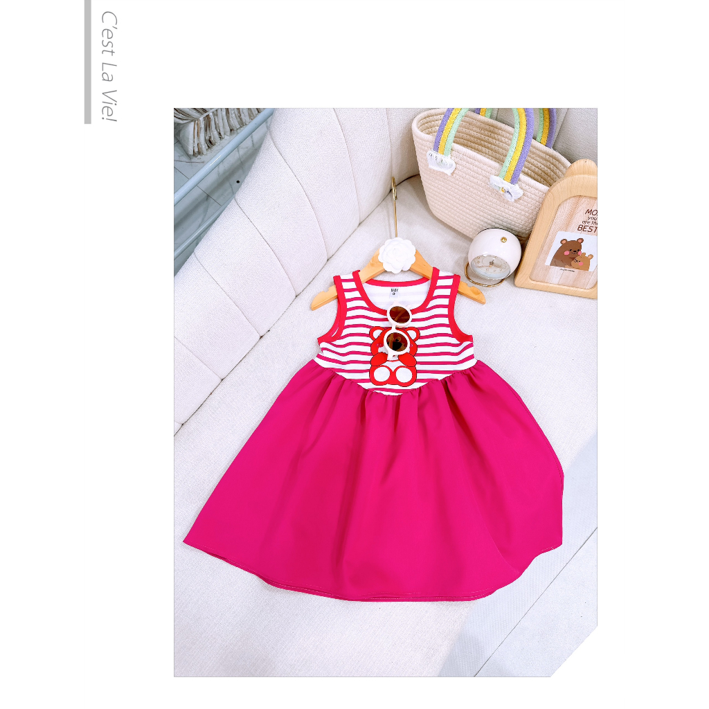 Váy maxi gấu dâu phối kẻ hồng siêu xinh cho bé gái 8-28kg