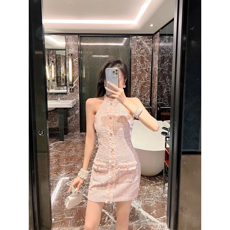 Váy dạ tweed cổ yếm sang chảnh dành cho nữ