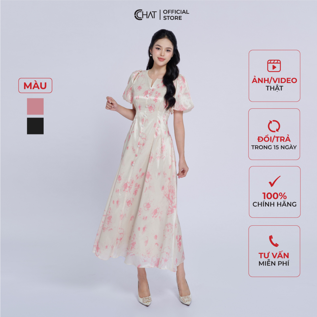 Đầm Nữ 𝐂𝐂𝐇𝐀𝐓 Dáng Xòe Hàng Cúc Giữa Chất Voan Cao Cấp Bay Bổng 13VNV4008XT