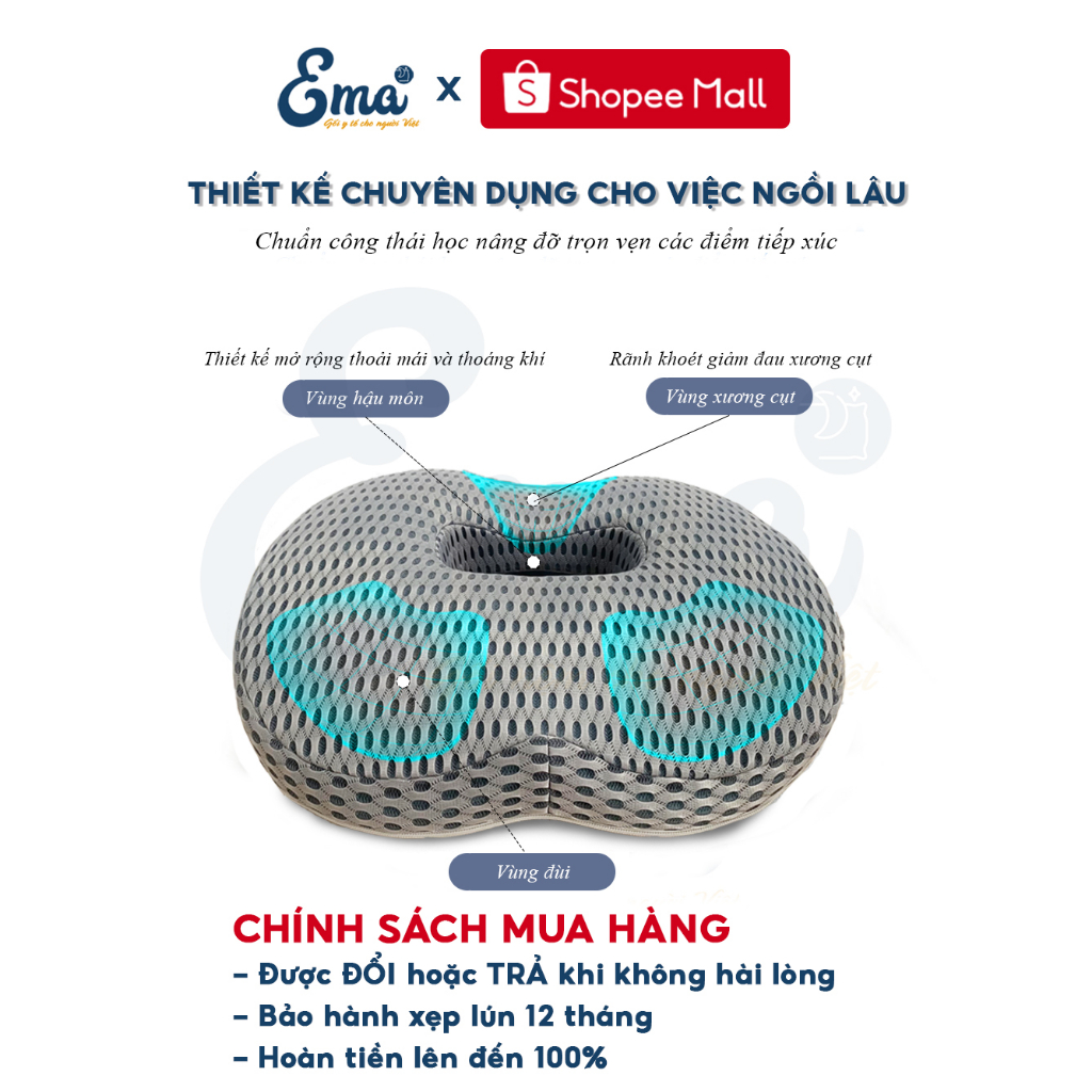 Đệm lót ghế chống trĩ EMA thế hệ 2 cao cấp - Nâng cấp ruột đục lỗ, vỏ lưới 4D siêu thoáng