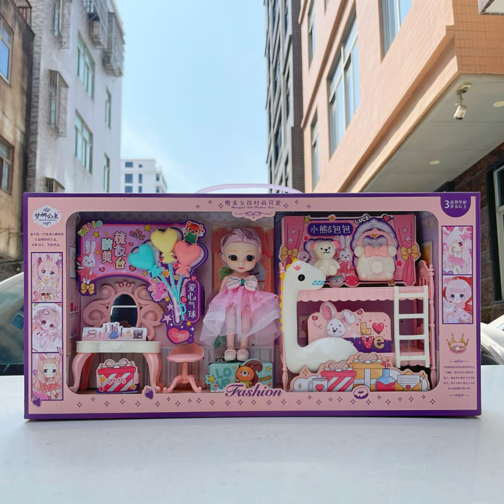 Hộp đồ chơi búp bê cho bé gái kèm bàn trang điểm, Đồ chơi công chúa thay váy làm quà tặng cho bé