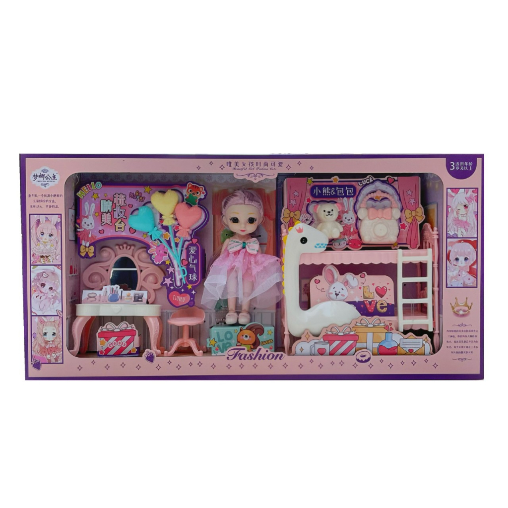 Hộp đồ chơi búp bê cho bé gái kèm bàn trang điểm, Đồ chơi công chúa thay váy làm quà tặng cho bé