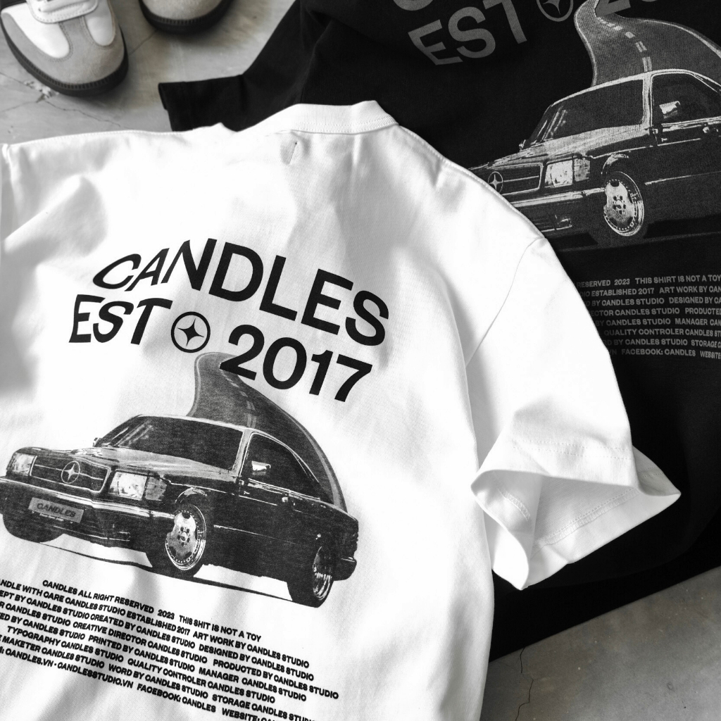 Áo thun nam nữ oversize CANDLES BW CAR hình in sắc nét cotton 100% 280gsm chính hãng