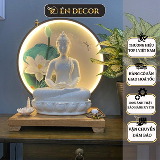 Tượng Phật Thích Ca ngồi thiền ÉN DECOR gốm sứ tráng men cao cấp kèm kệ đèn led decor trang trí, phong thuỷ, an nhiên