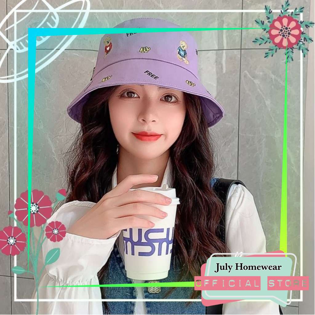 Nón bucket thêu hình gấu nhỏ cute, nón vành cotton dễ thương phong cách Hàn Quốc JULYHOMEWEAR