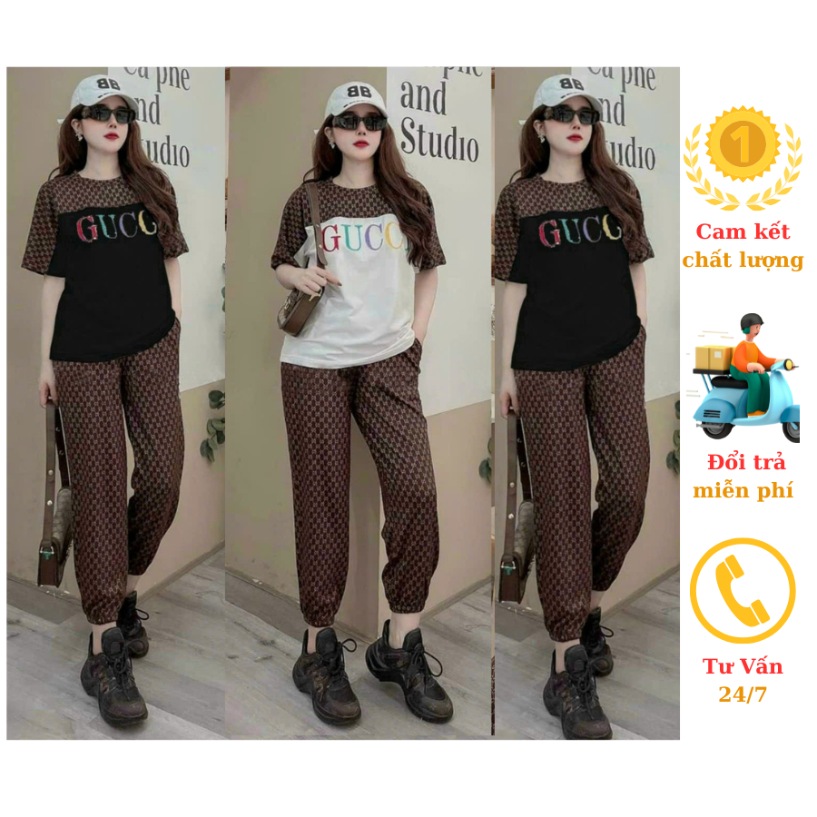 Bộ dài thể thao thun Cotton phối 3D Gu.cci phong cách trẻ trung cá tính fom rộng