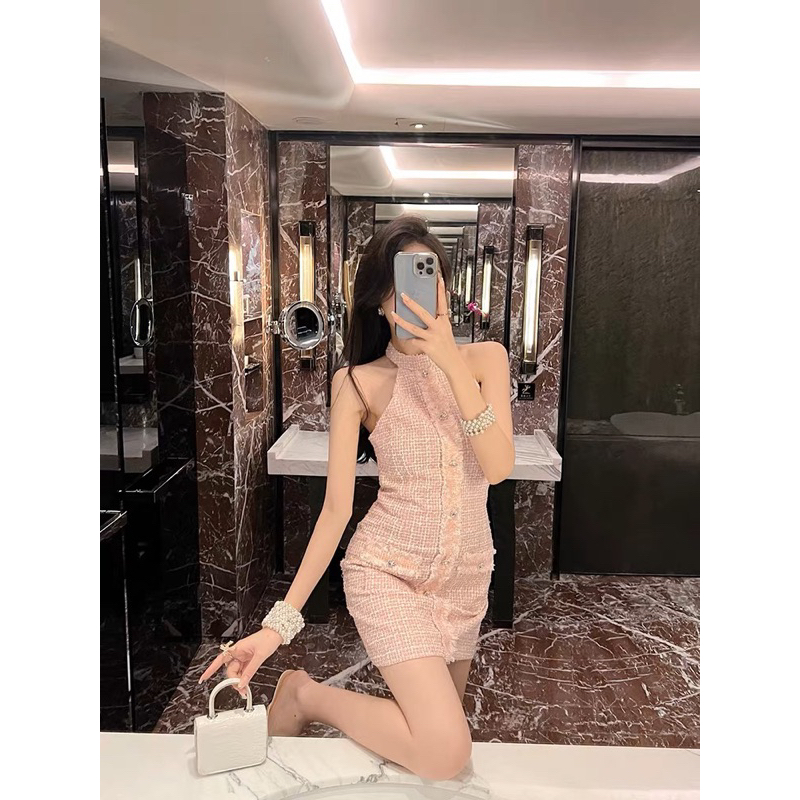 Váy dạ tweed cổ yếm sang chảnh dành cho nữ