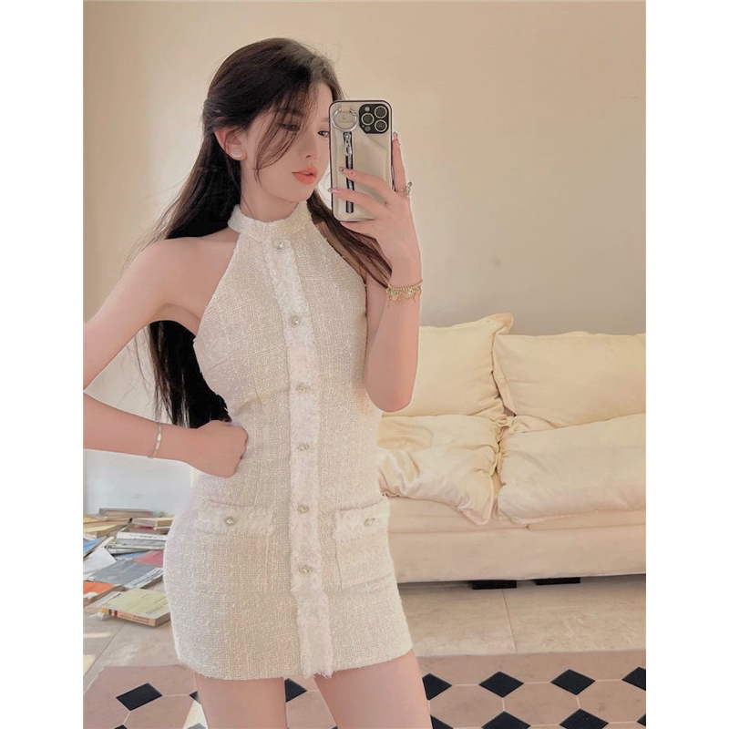 Váy dạ tweed cổ yếm sang chảnh dành cho nữ