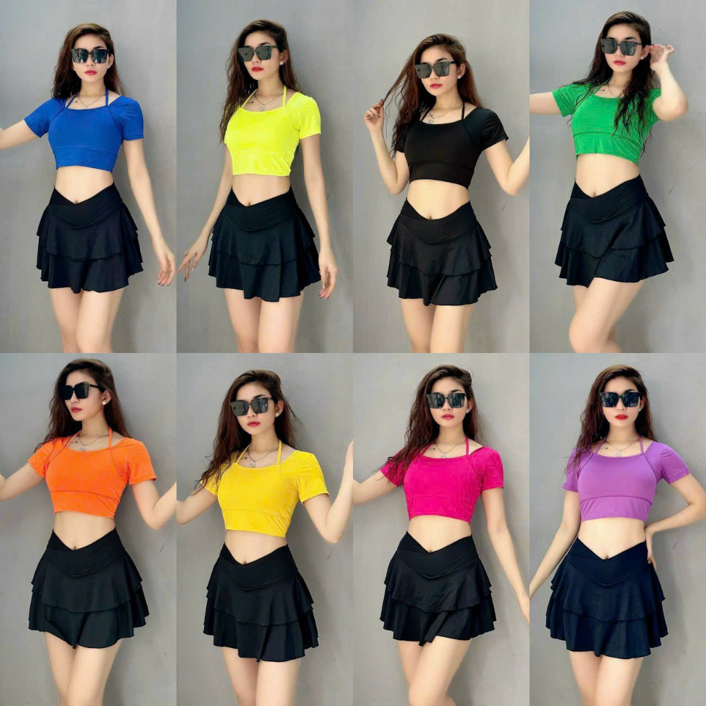 Set Bộ Đồ Thể Thao Nữ Áo Croptop Quần Váy Tập Gym Yoga Aerobic Cao Cấp