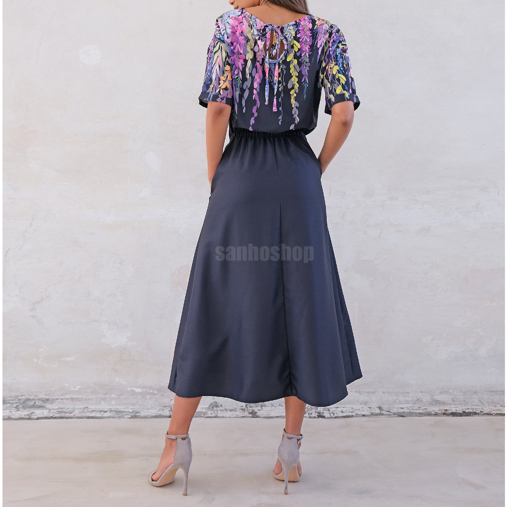 ĐẦM MIDI K4Y FL0RAL M0TIF NAVY BLUE