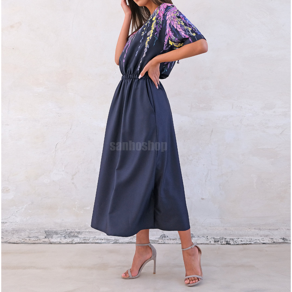 ĐẦM MIDI K4Y FL0RAL M0TIF NAVY BLUE