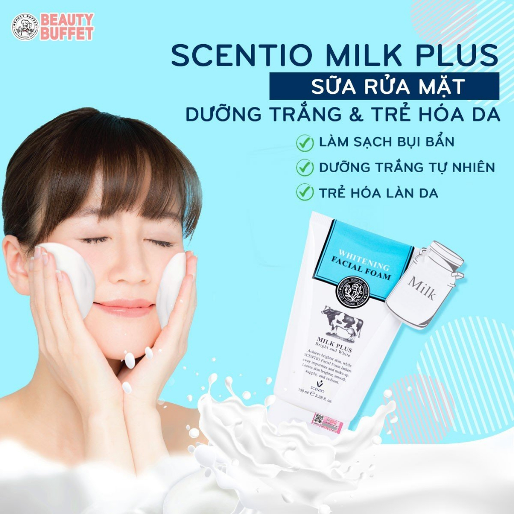 Combo Sữa rửa mặt con bò Scentio Milk Plus 100ml và Kem chống nắng da mặt Beauty Buffet Invisible SPF50 PA++++ 50g