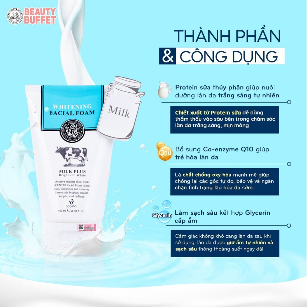 Combo Sữa rửa mặt con bò Scentio Milk Plus 100ml và Kem chống nắng da mặt Beauty Buffet Invisible SPF50 PA++++ 50g