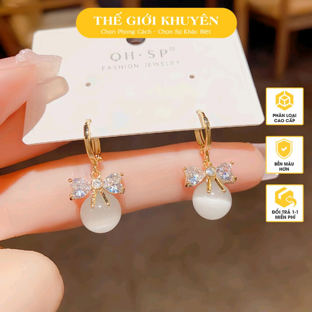 Bông tai nữ cao cấp Thế Giới Khuyên họa tiết nơ gắn đá mắt mèo mạ vàng 18k