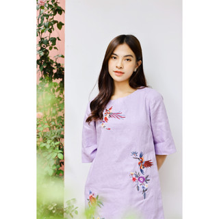 Đầm Linen thêu tay MaxMessi PHOENIX tay lửng thêu chim phụng