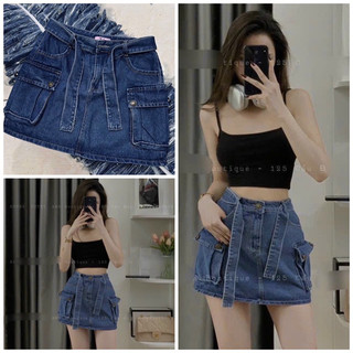 Chân váy jeans túi họp co giãn có kèm dây, có lót - T5L