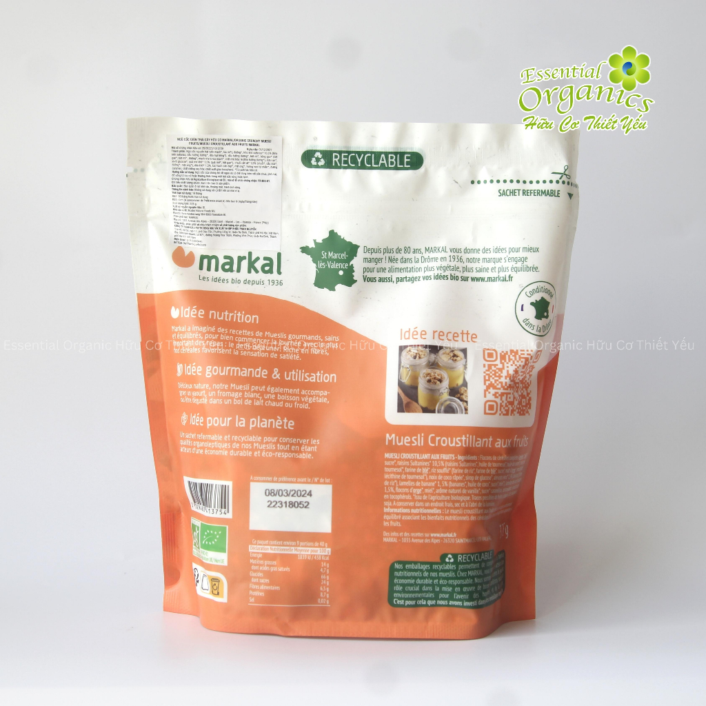 Ngũ cốc giòn trái cây hữu cơ Muesli Crunchy Markal 375g