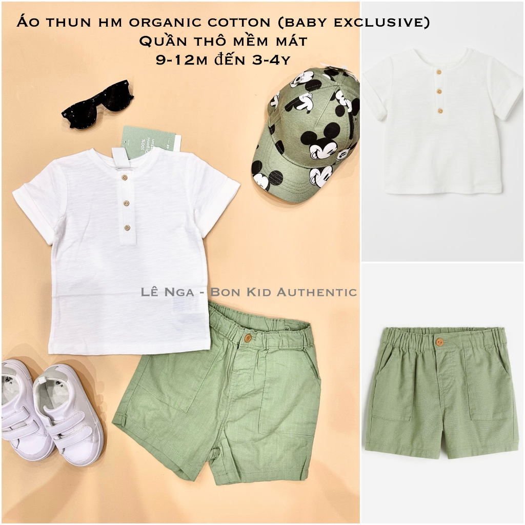 Áo thun organic cotton/ quần thô mềm mát HM UK sz 9-12m đến 3-4y