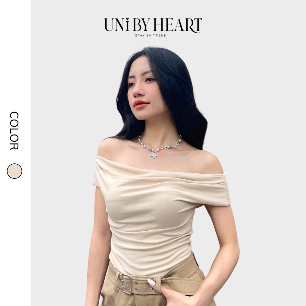 Áo trễ vai nữ màu be Julia Top ATV02 tay ngắn cổ thuyền, chất liệu thun co giãn, thiết kế trẻ trung - Uni By Heart