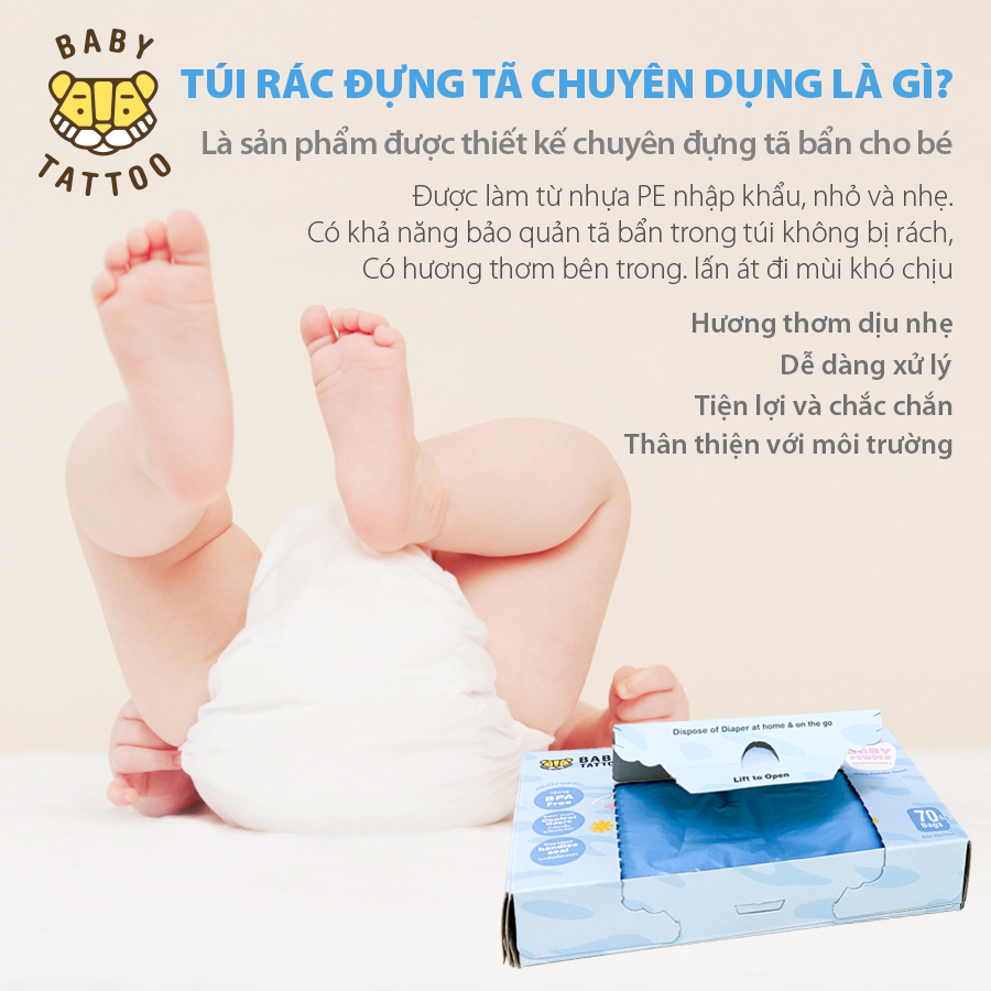 BABY TATTOO Túi Rác Đựng Tã Bỉm Chuyên Dụng Hương Phấn Thơm, Hộp 70 Túi