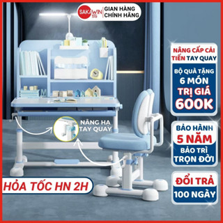 [BẢN NÂNG CẤP] Bộ bàn ghế chống gù chống cận Sakawin A16PLus - Bàn học cho bé có giá sách, Cải tiến Nâng hạ tay quay