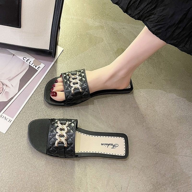 Dép Nữ Quai Ngang Phối Họa Tiết Xích Mạ Vàng