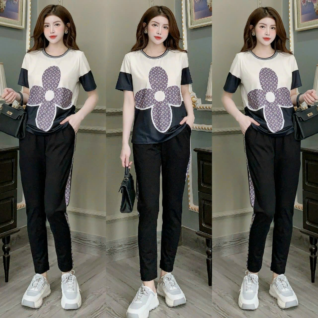 Bộ dài thể thao thun Cotton thêu hoa cao cấp phong cách trẻ trung cá tính fom rộng