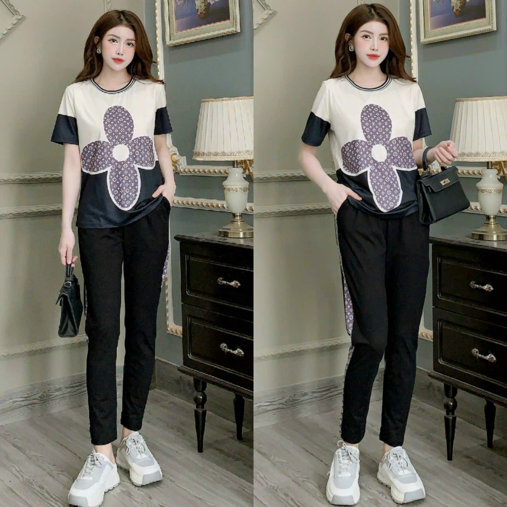 Bộ dài thể thao thun Cotton thêu hoa cao cấp phong cách trẻ trung cá tính fom rộng
