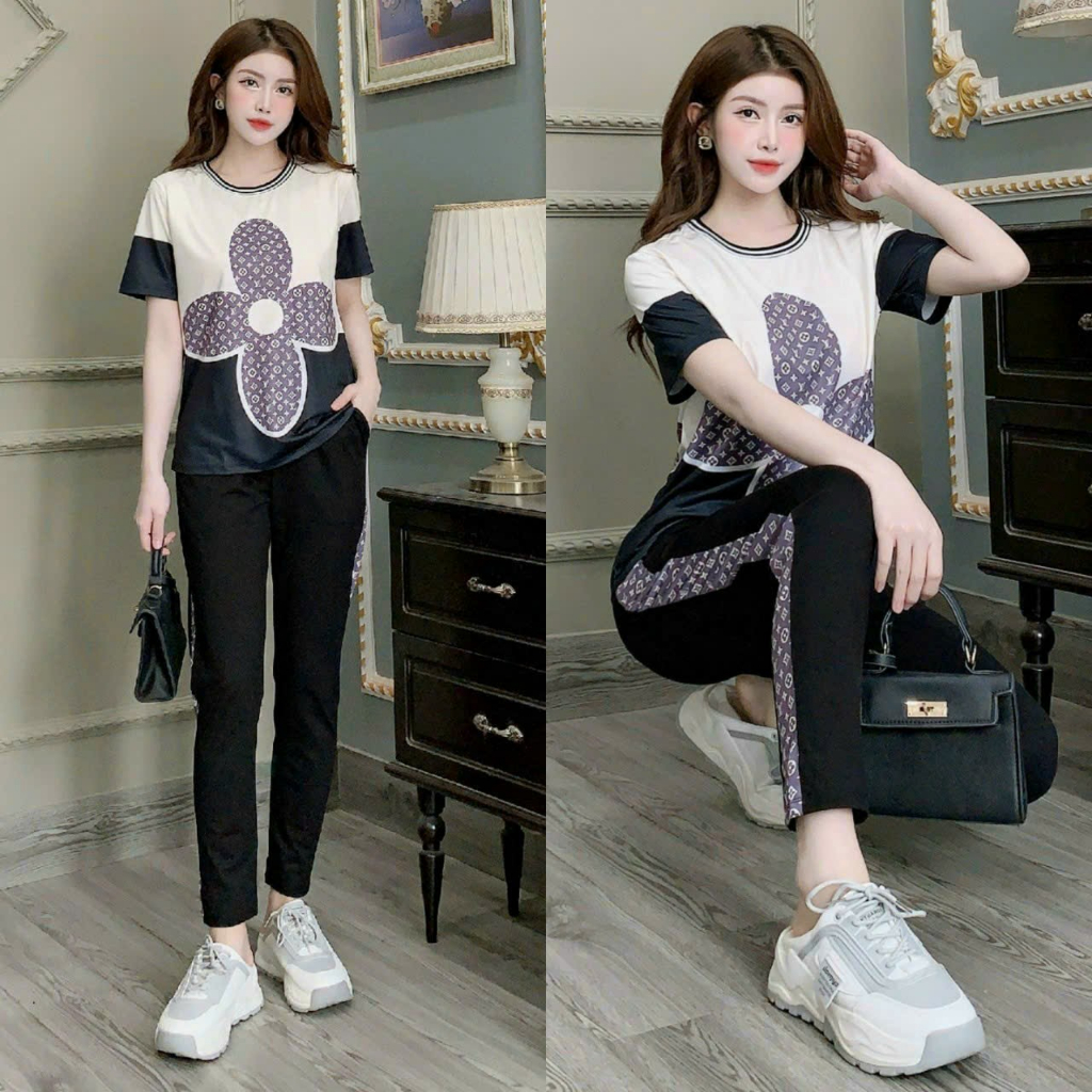 Bộ dài thể thao thun Cotton thêu hoa cao cấp phong cách trẻ trung cá tính fom rộng