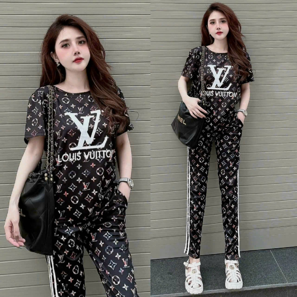 Bộ dài thể thao thun Cotton phối 3D LV cao cấp phong cách trẻ trung cá tính fom rộng
