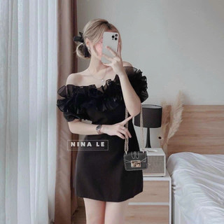 [8.8 Sales Freeship] Đầm đen trễ vai phối bèo đi tiệc quyến rũ, đầm umi bẹt vai màu đen dáng ôm tôn dáng