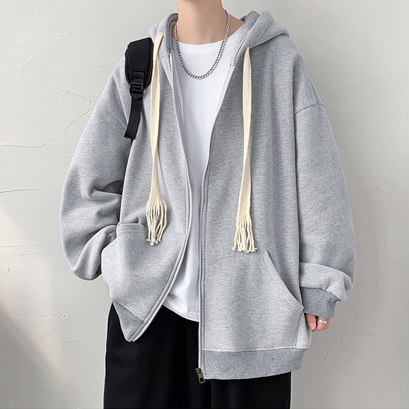 Áo khoác hoodie nam trơn form rộng, áo hoodie zip nam 2 màu đen xám basic có dây bản to tạo phong cách trẻ trung Hàn Quố