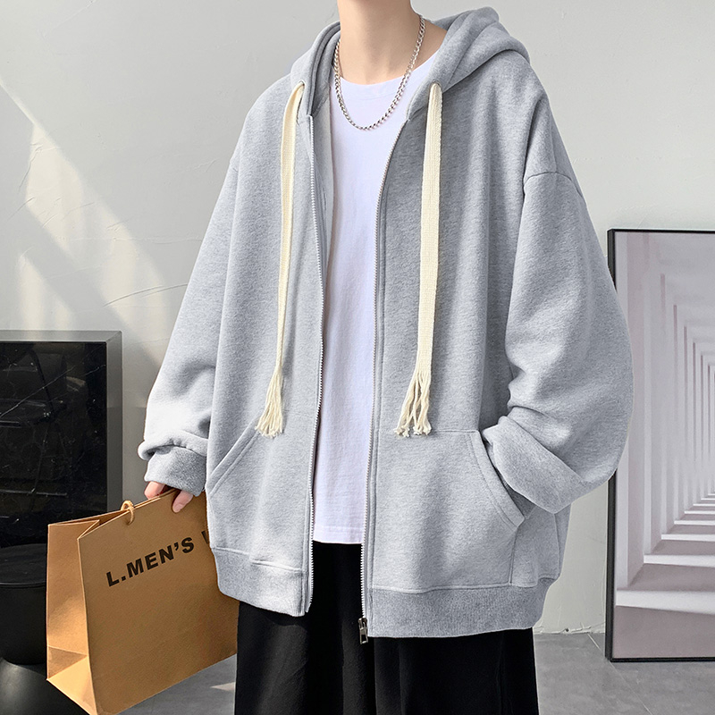 Áo khoác hoodie nam trơn form rộng, áo hoodie zip nam 2 màu đen xám basic có dây bản to tạo phong cách trẻ trung Hàn Quố