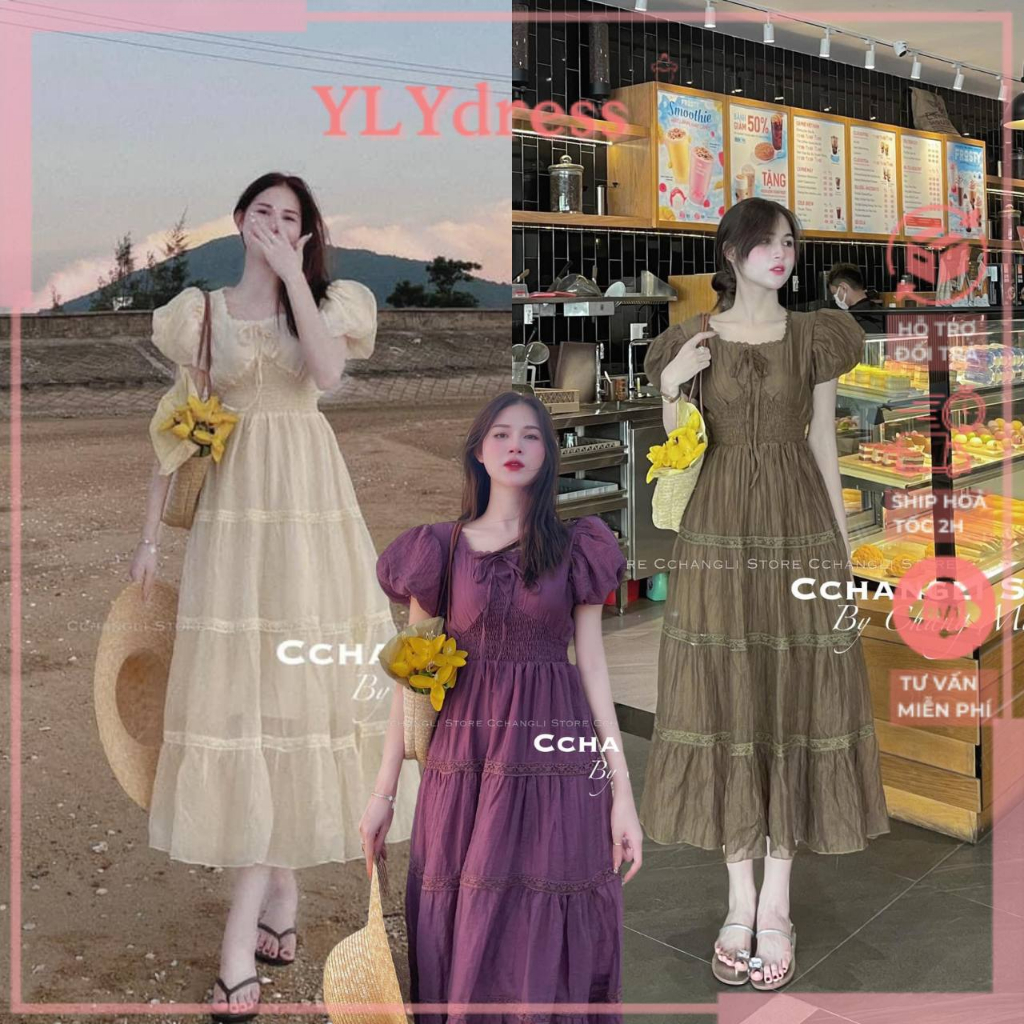 Váy đầm nữ tay bồng voan tơ chun eo 2 lớp dáng xoè tím nâu be YLY váy madi ren tầng dáng suông dài tiểu thư C1847