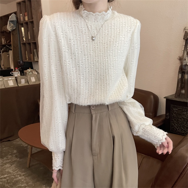 Áo ren nữ cổ 3 phân lót lông mịn họa tiết thêu hoa, Áo sơ mi nữ cổ cao tay bồng tiểu thư sang trọng 6585