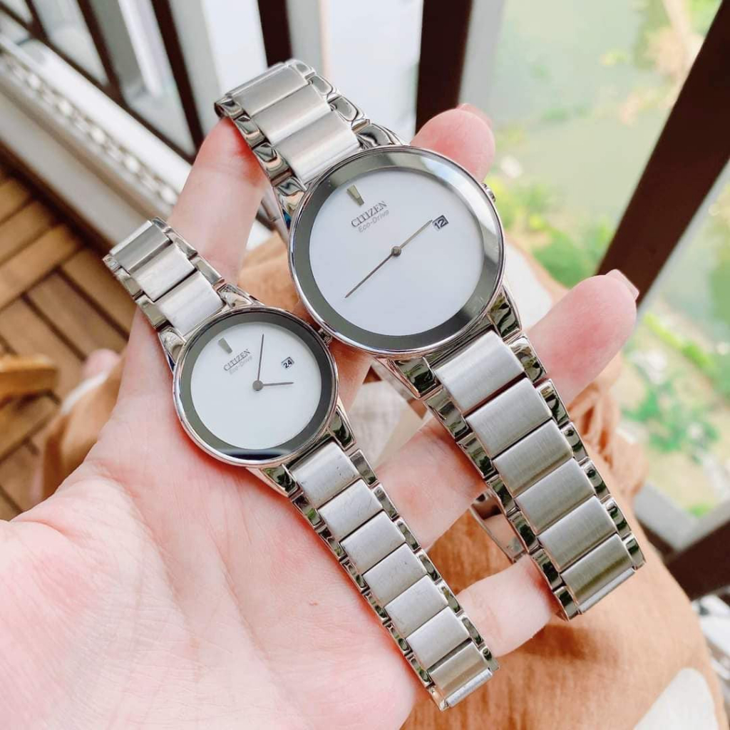 Đồng hồ đôi nam nữ dây thép Citizen Eco Drive GA1050-51A và AU1060-51A