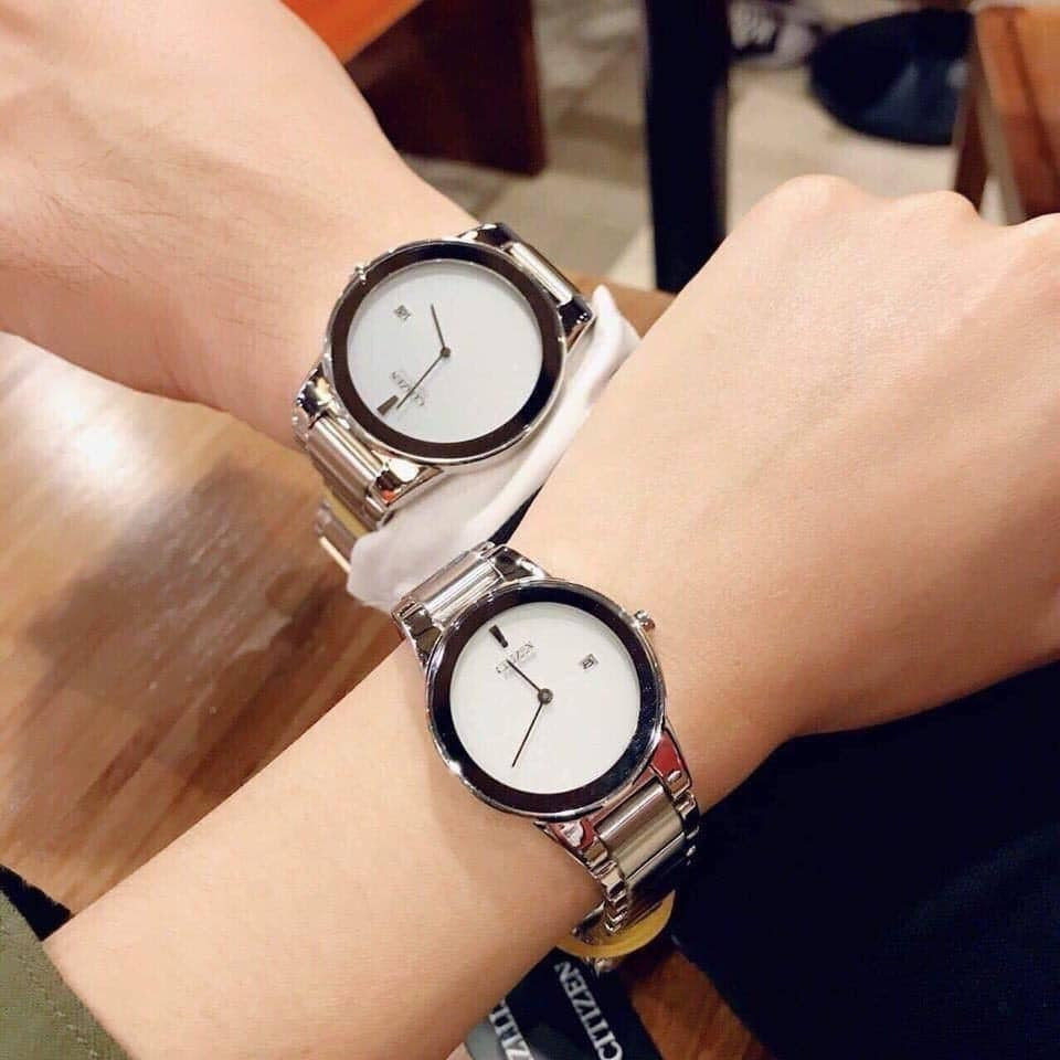 Đồng hồ đôi nam nữ dây thép Citizen Eco Drive GA1050-51A và AU1060-51A