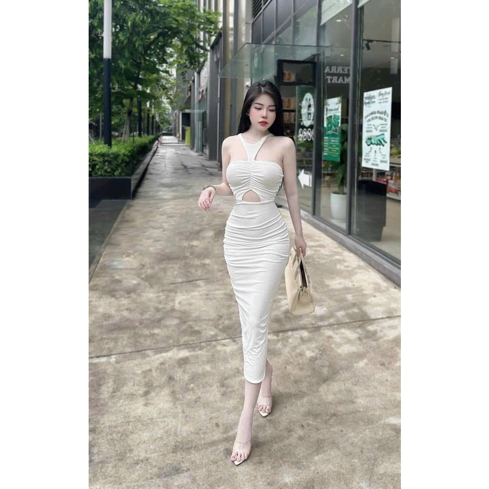 Đầm ôm body nữ cổ yếm dáng dài hở bụng sexy - thun mịn