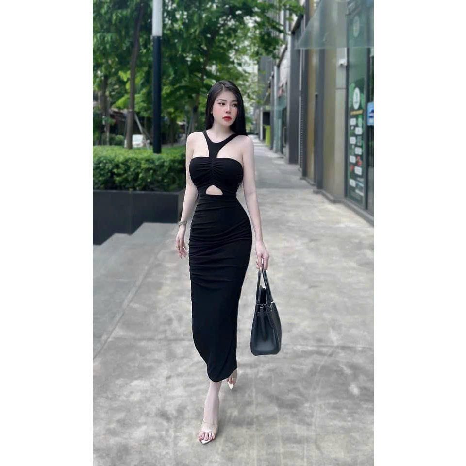 Đầm ôm body nữ cổ yếm dáng dài hở bụng sexy - thun mịn