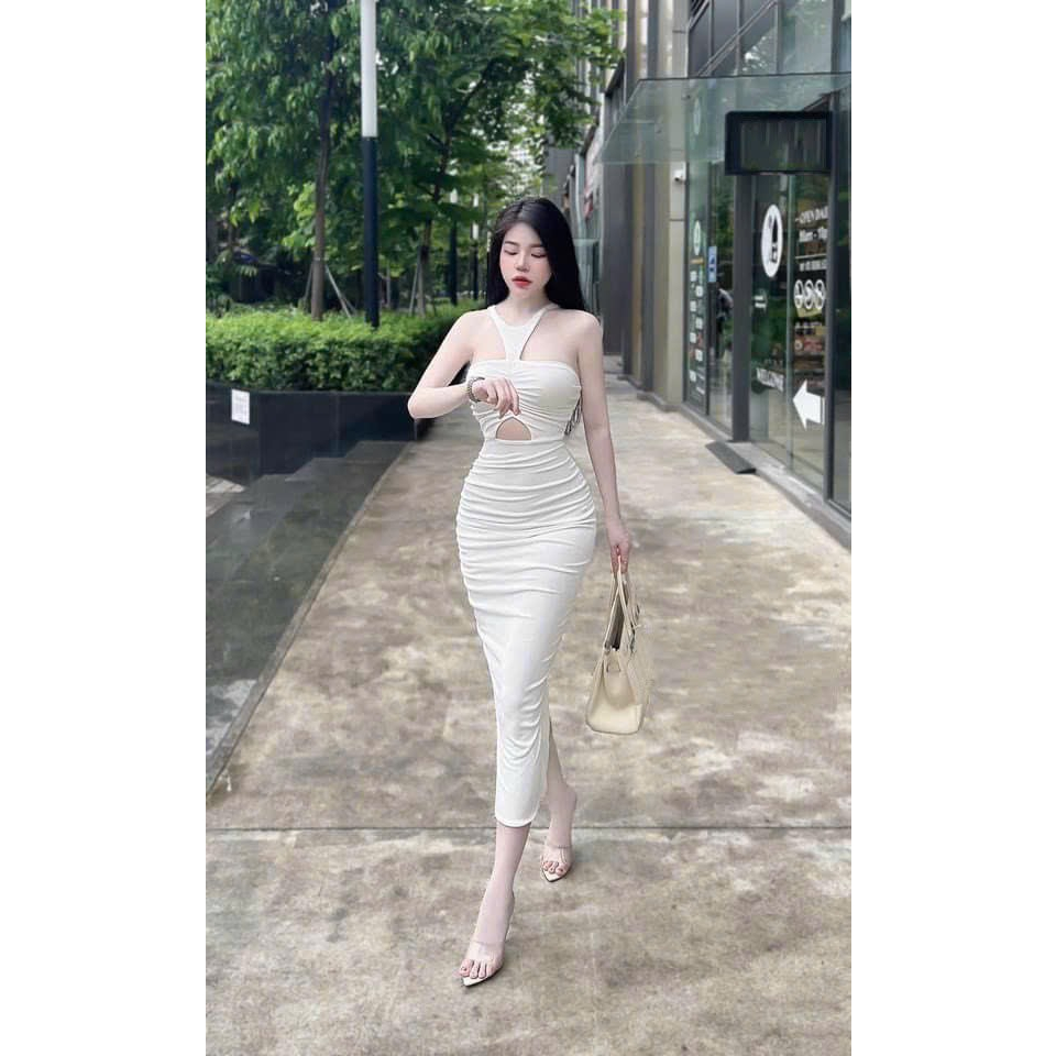 Đầm ôm body nữ cổ yếm dáng dài hở bụng sexy - thun mịn