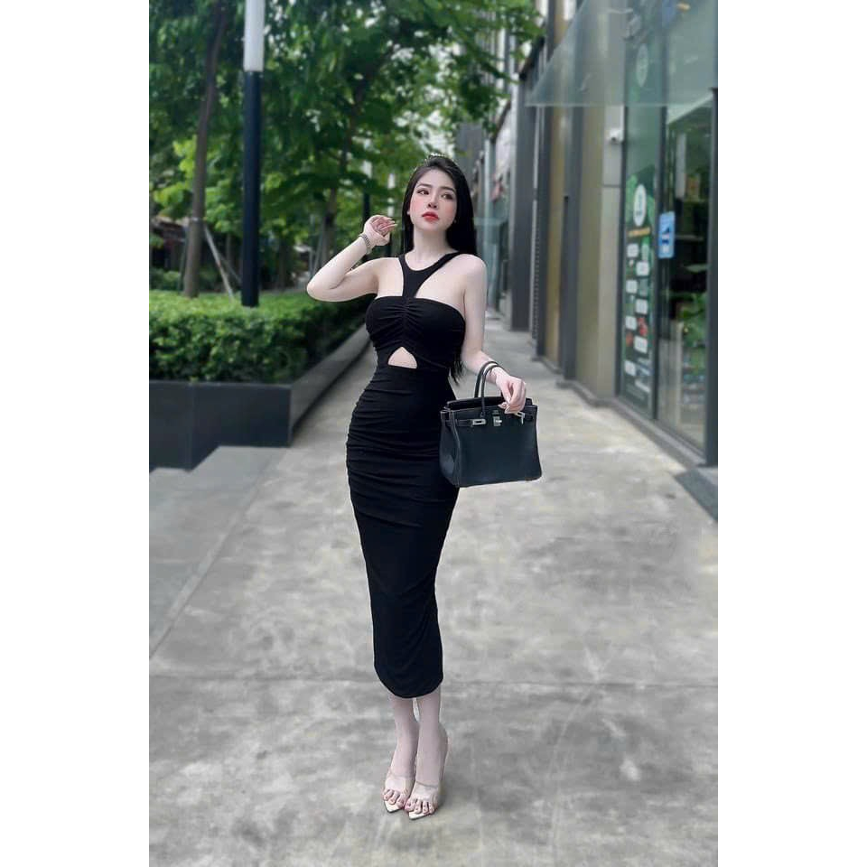Đầm ôm body nữ cổ yếm dáng dài hở bụng sexy - thun mịn