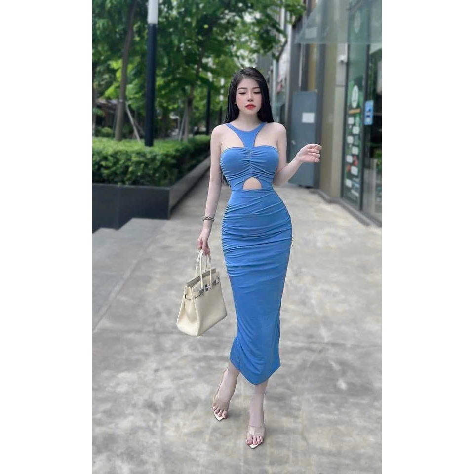 Đầm ôm body nữ cổ yếm dáng dài hở bụng sexy - thun mịn